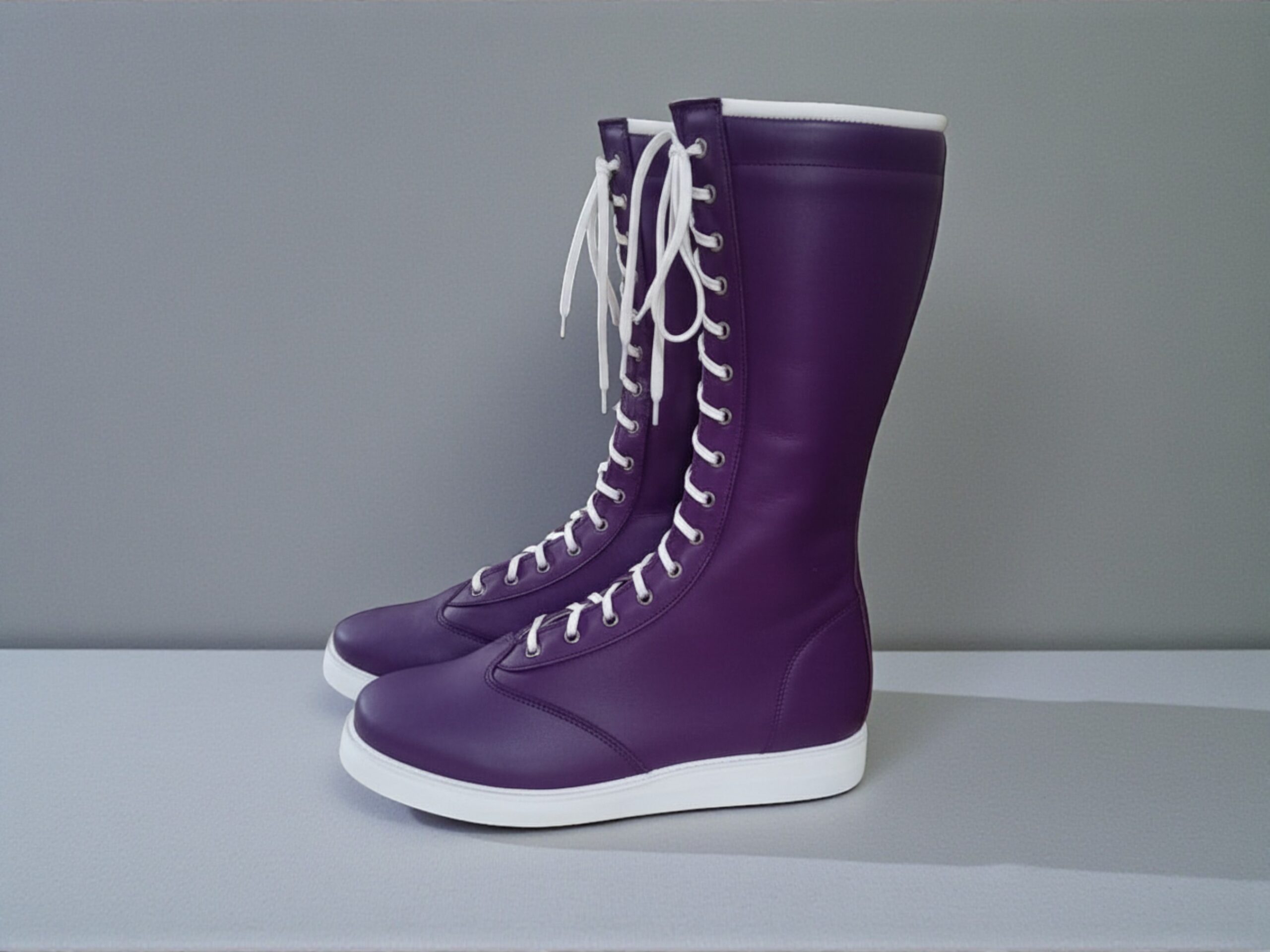 Handmade Wrestling Boots | Custom Pro Ring Shoes Purple & White | Tall Lace-Up Leather Combat Footwear | Performance Gear for Men Women